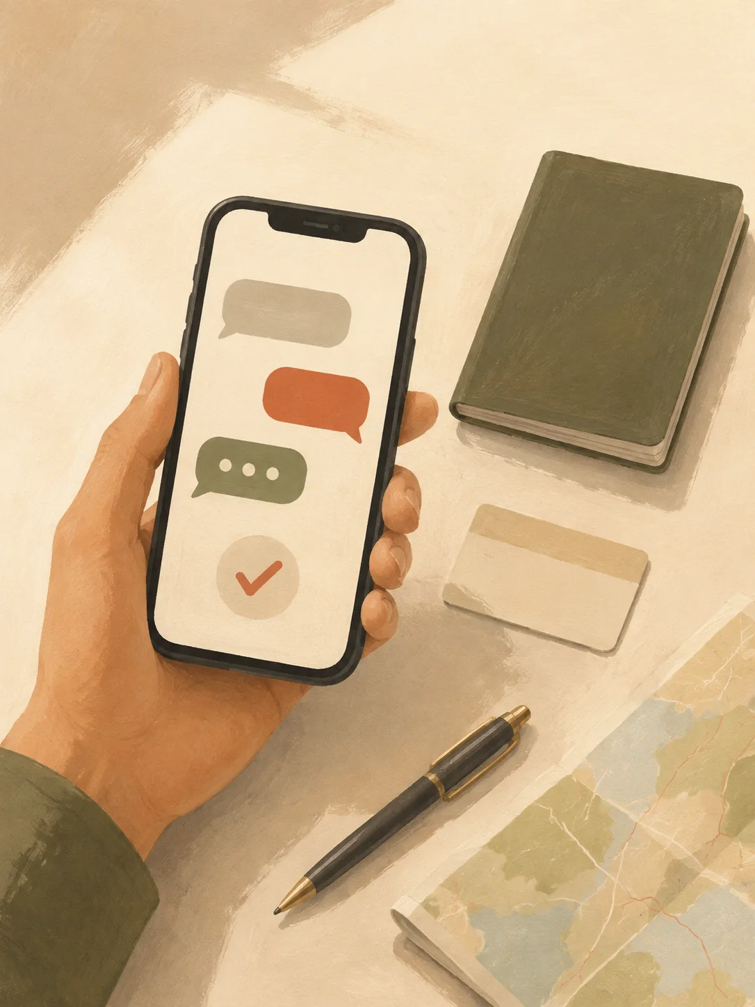 A hand holding a phone with simple chat bubbles and a confirmation check beside travel documents.