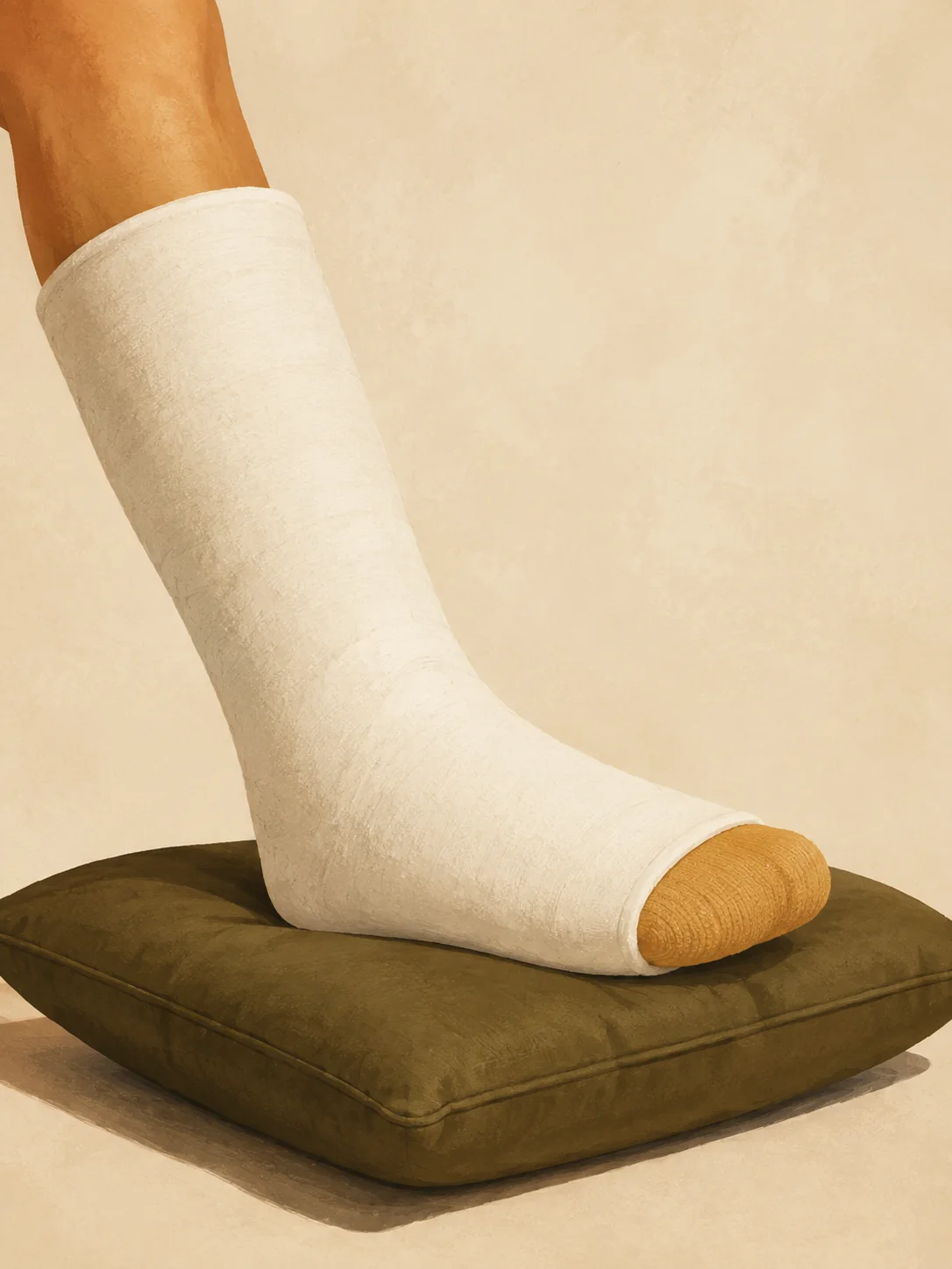 A lower leg and foot in a clean white cast resting on a cushion.