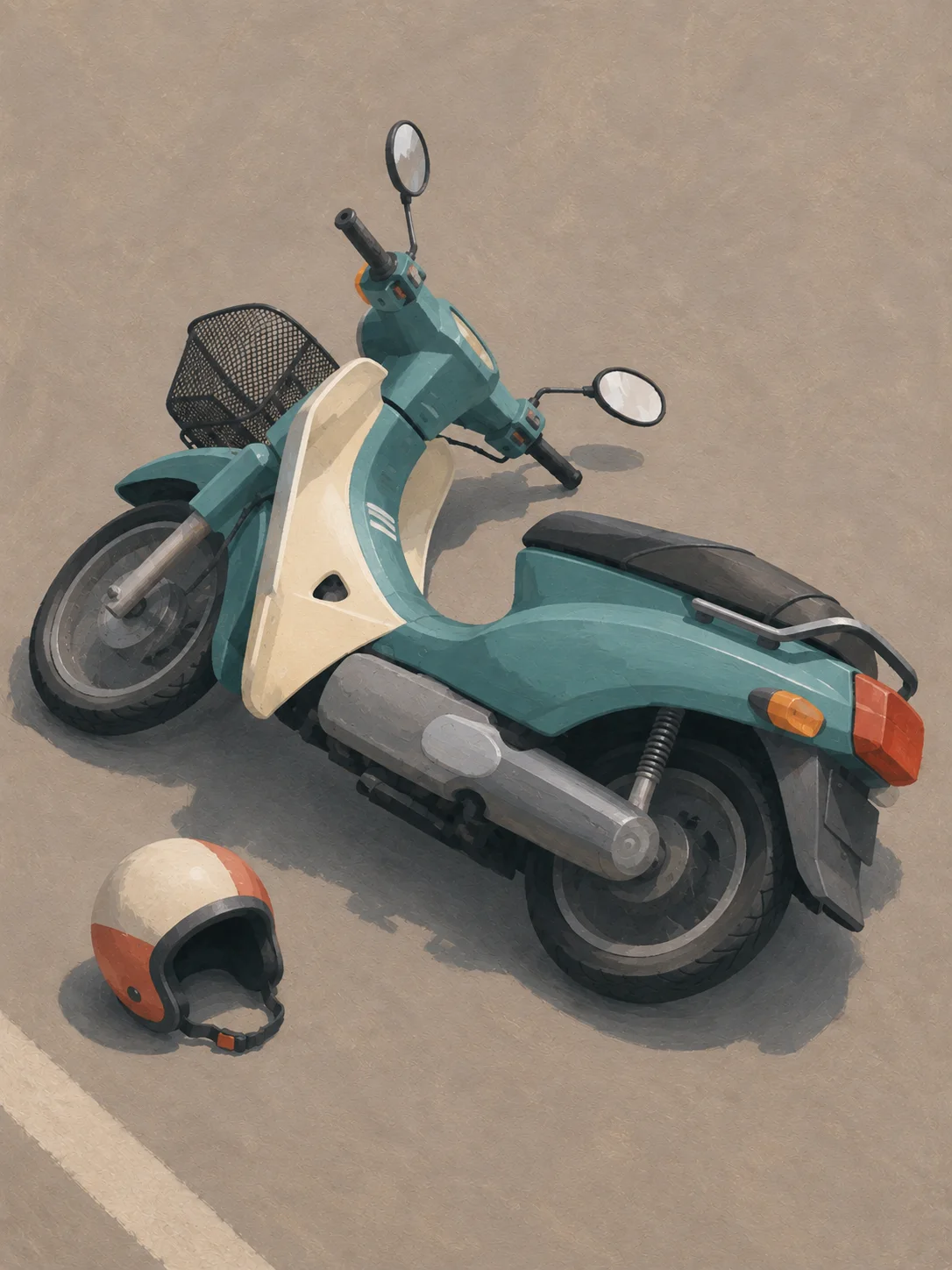 A practical teal step-through scooter resting on its side on warm grey asphalt beside an open-face helmet.