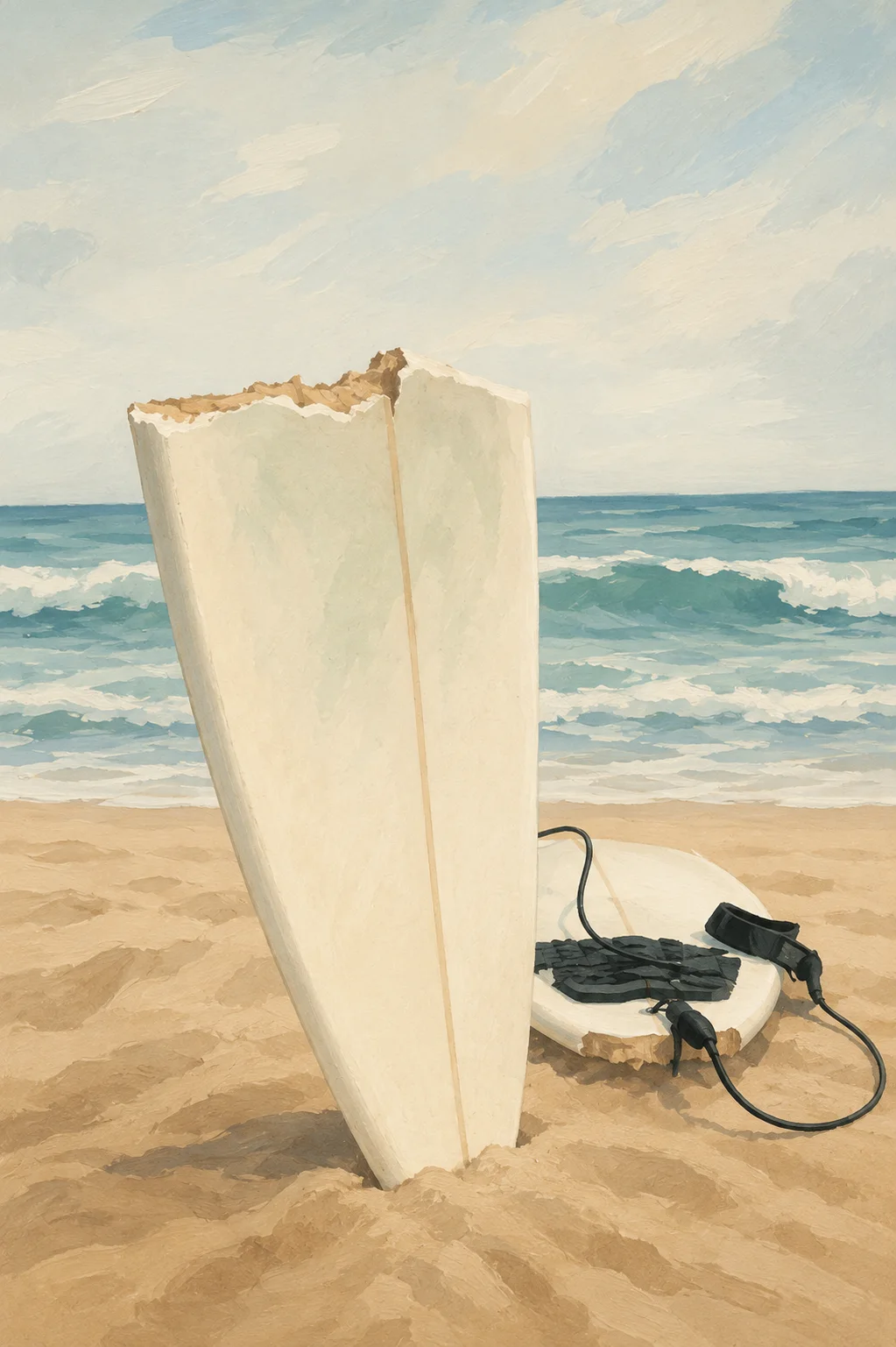 A broken surfboard with its front section standing upright in the sand and the remaining board behind it.