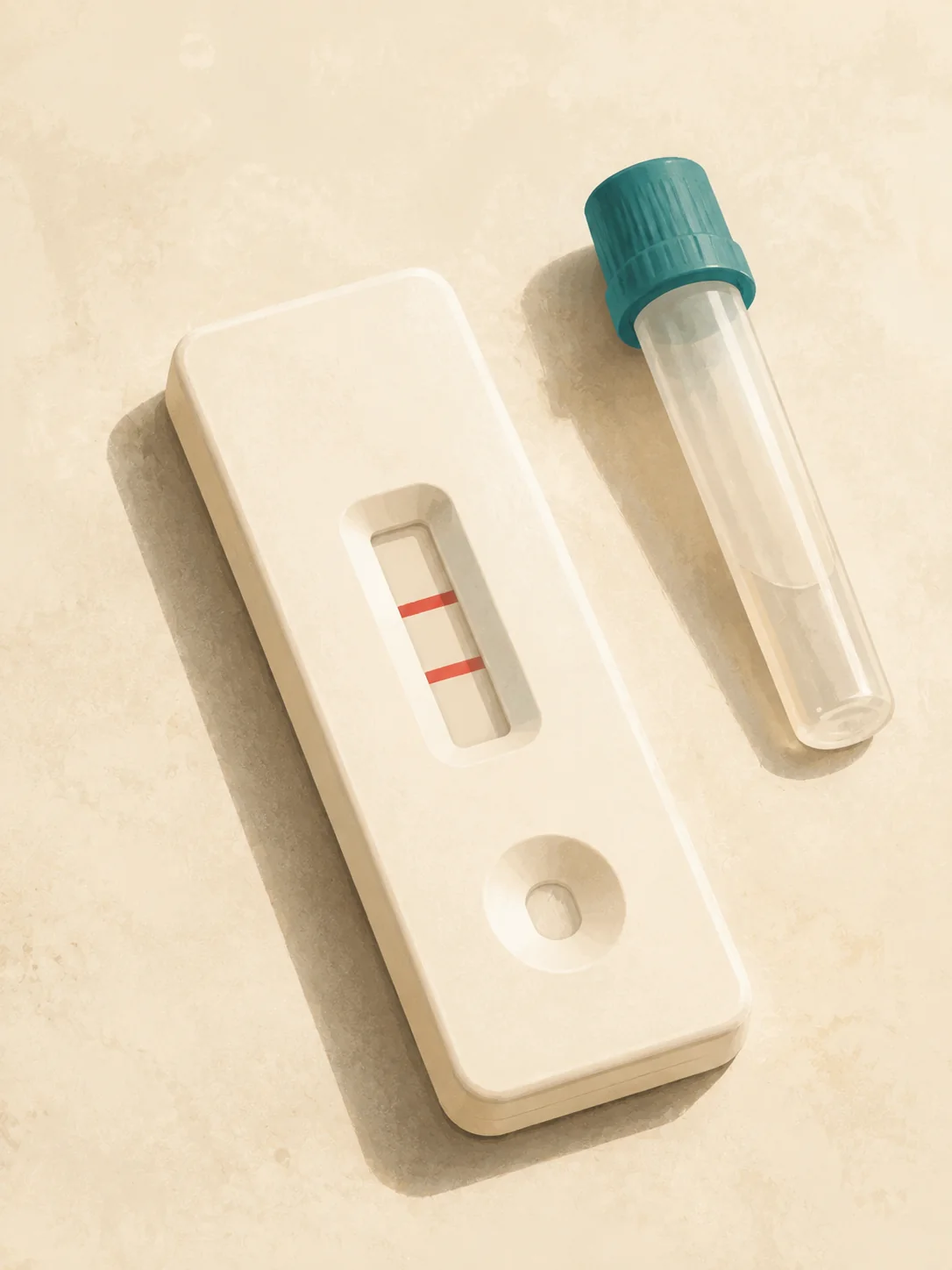 A generic rapid test cassette showing two red result lines.