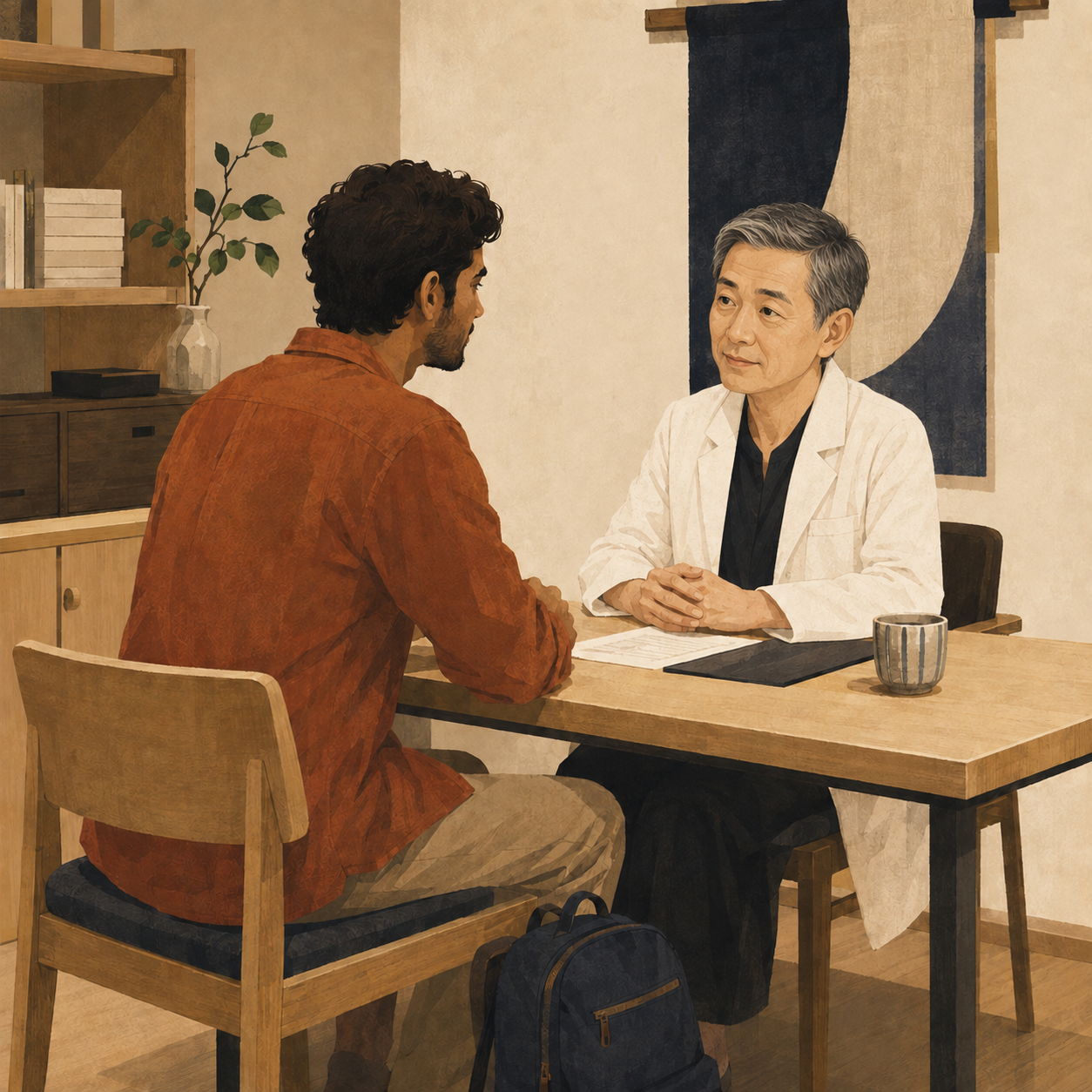 A South Asian traveler speaking with a male Japanese doctor in a neighborhood clinic in Japan.