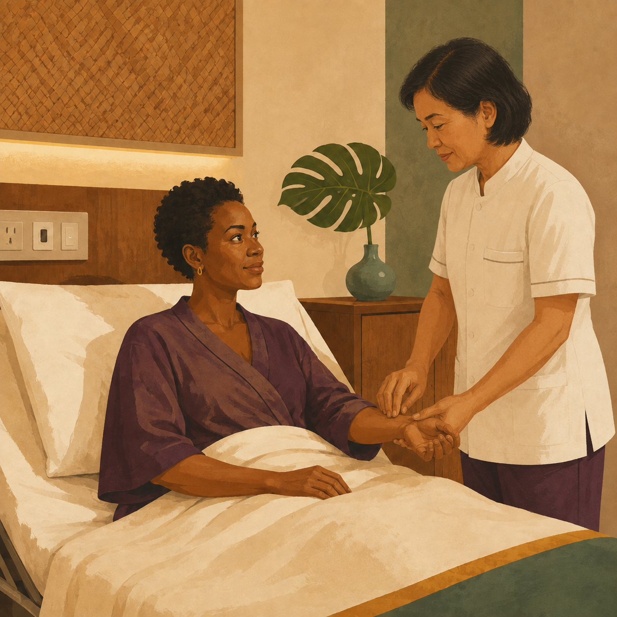 A Black woman traveler receiving care from a female Thai nurse in a modern hospital room in Bangkok.