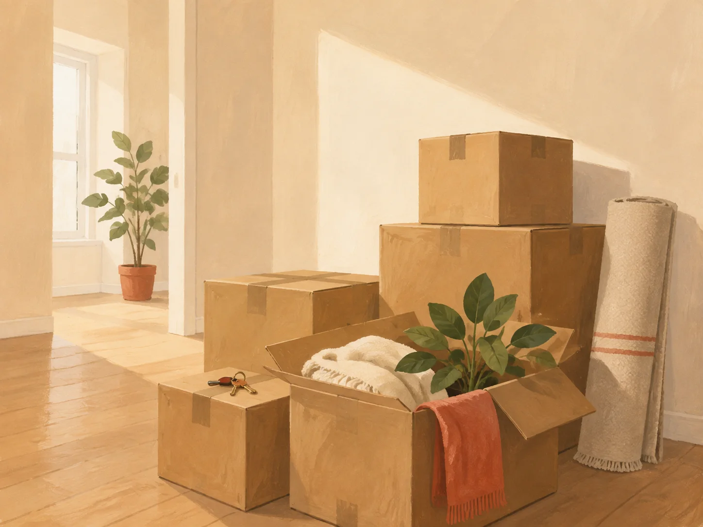 Moving boxes, apartment keys, a rolled rug, and plants in a bright new apartment.