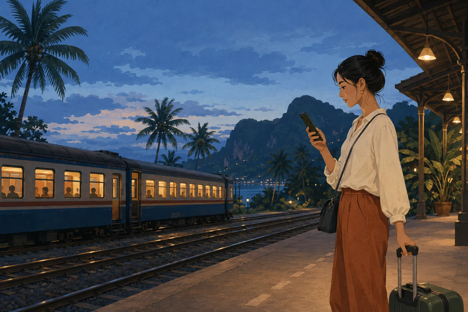 A woman traveler naturally checking her phone while holding her suitcase at a tropical train station.