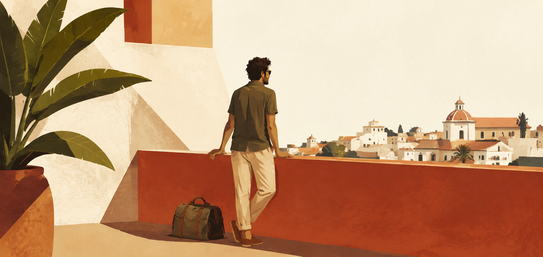 A traveler overlooking a sunlit town from a terracotta terrace, illustrated in warm graphic shapes.
