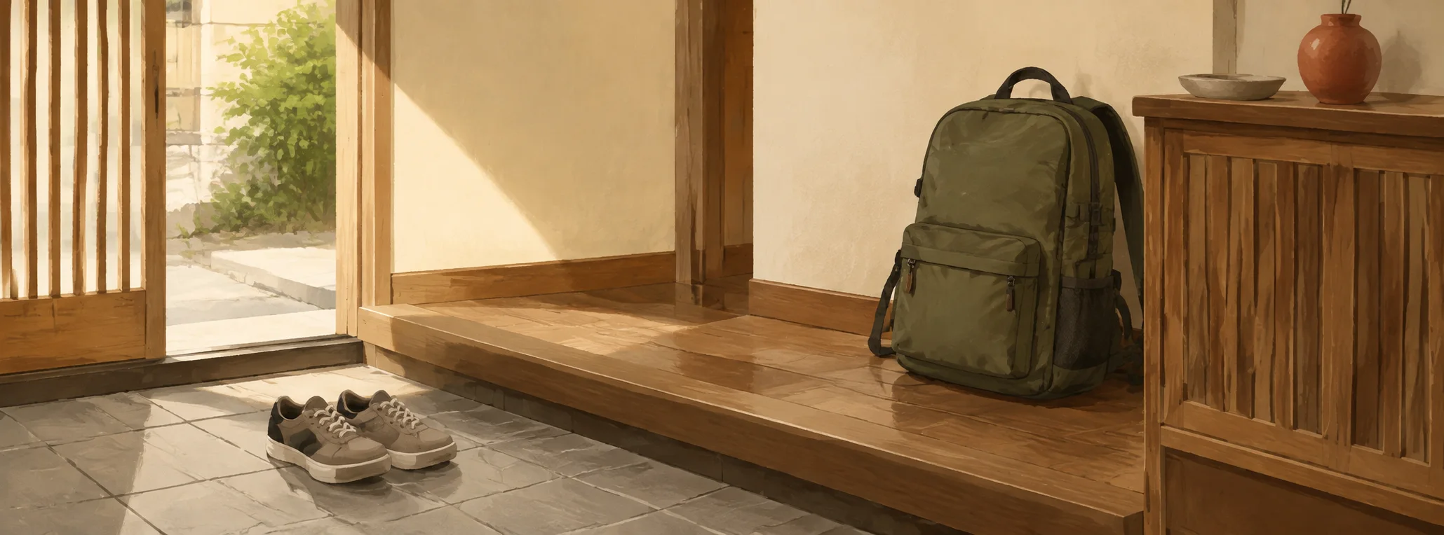 A travel backpack inside a Japanese genkan with a pair of sneakers neatly removed on the lower entry floor.
